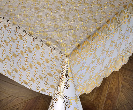 Mantel de ganchillo de encaje de PVC de vinilo de 137 cm con rollo recubierto de oro/plata